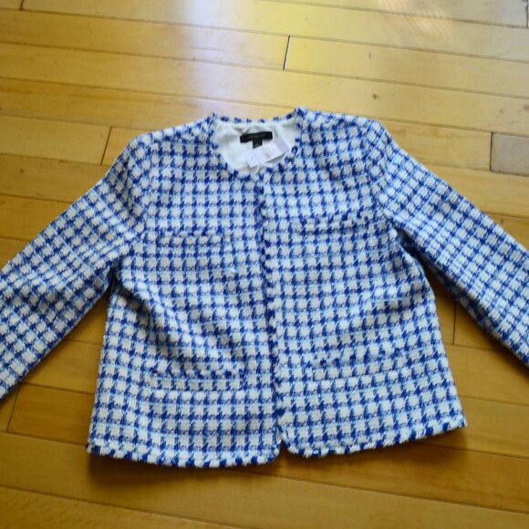 Ann Taylor Women’s Cropped Fringe Tweed Jacket Blue white Sz 8 office preppy - Picture 1 of 14